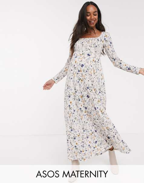 ASOS DESIGN Maternity – Langärmliges Maxikleid mit Kräuselung, eckigem Ausschnitt und Blumenmuster