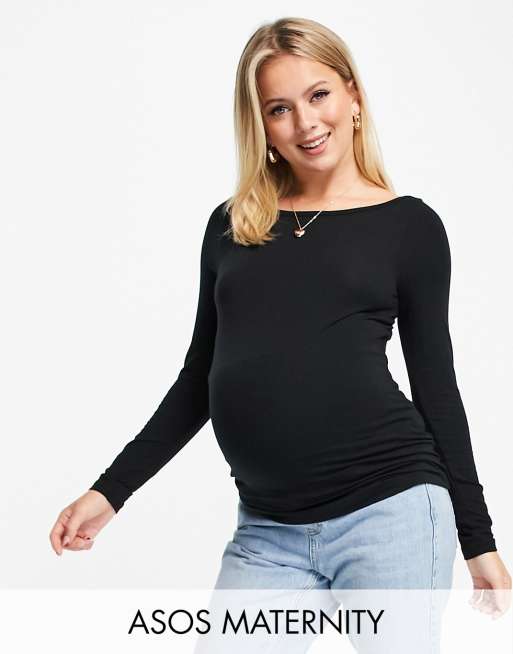 ASOS DESIGN Maternity – Langärmliges Oberteil in Schwarz mit U-Boot-Ausschnitt