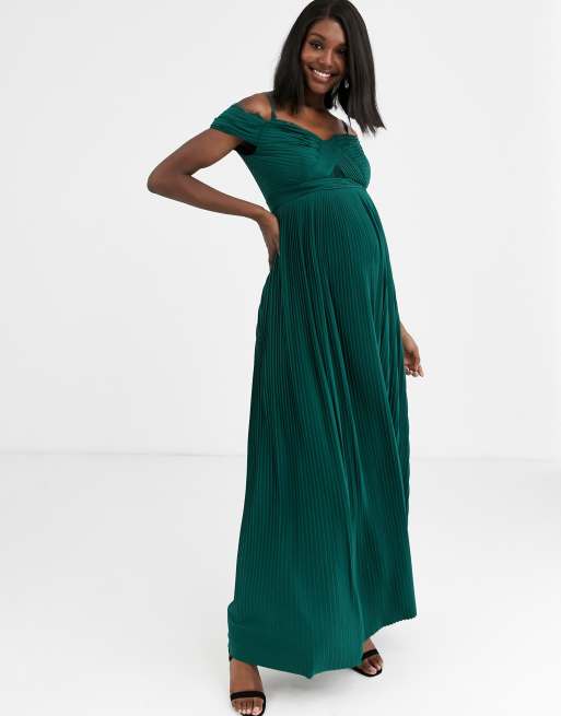 ASOS DESIGN Maternity Lange bardot zwangerschapsjurk met kant en plooien in bosgroen