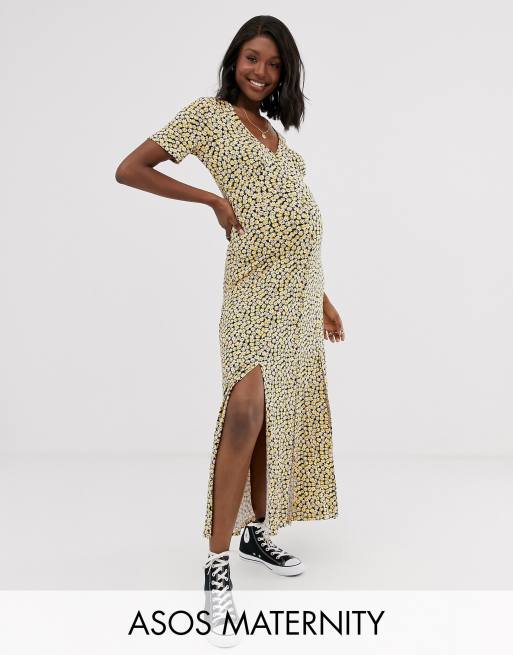 ASOS DESIGN Maternity Lange doorknoopjurk met splitten en fijne