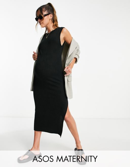 ASOS DESIGN Maternity - Lange gebreide jurk met brede ribbels en lage rug in zwart