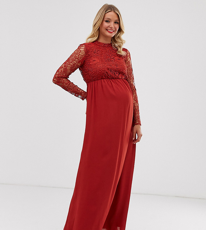 ASOS DESIGN Maternity - Lange jurk met lange mouwen en kanten top-Rood