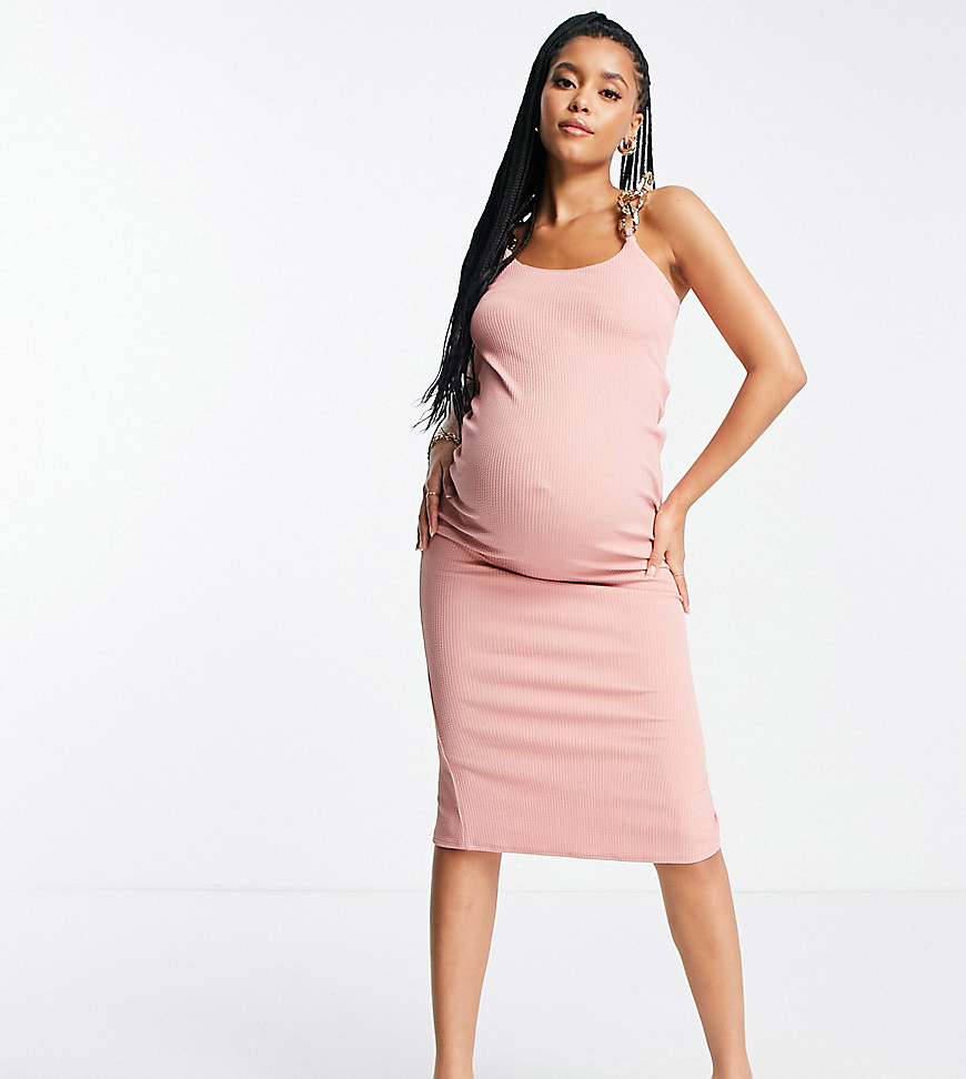 ASOS DESIGN Maternity - Lange jurk met textuur, hoge split, gouden kettinkje en uitsnijding in rozig roze-Veelkleurig