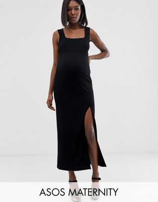 ASOS DESIGN Maternity - Lange jurk van gemengde stoffen met vierkante hals en split-Zwart