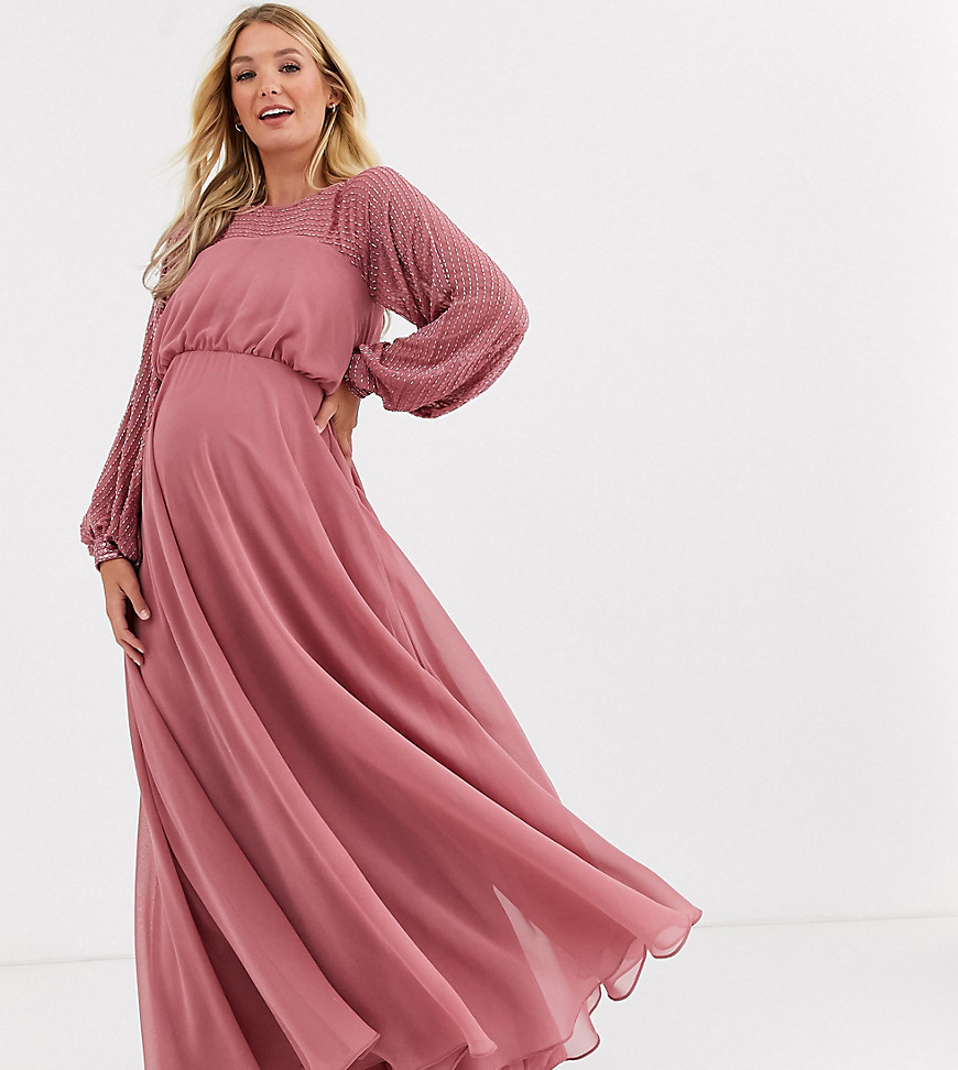 ASOS DESIGN - Maternity - Lange jurk versierd met rechte schouderpas-Roze