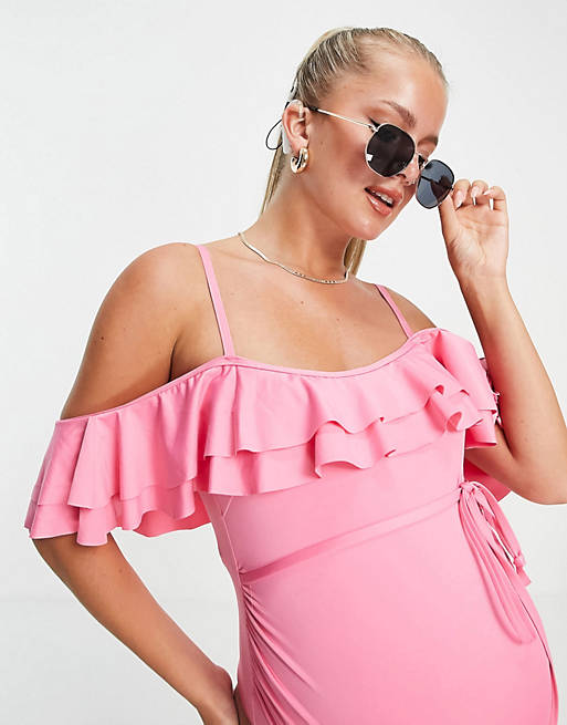 Women maternity layered frill off shoulder swimsuit in flower pink 