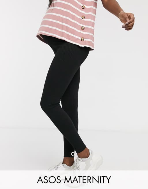 ASOS DESIGN Maternity - Leggings a coste con fascia sopra il pancione, colore nero