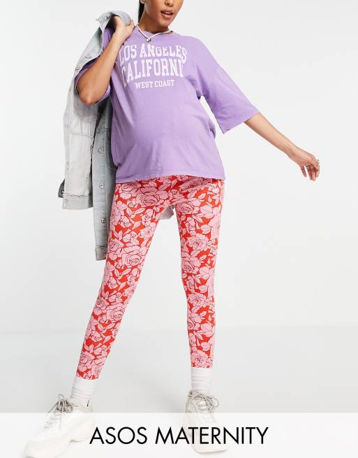 ASOS DESIGN Maternity - Leggings med taljebånd over maven i rødt og lyserødt blomstermønster