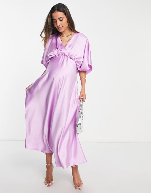 ASOS DESIGN Maternity – Lila midiklänning i satin med pingvinärm och omlottdesign, 3 av 4