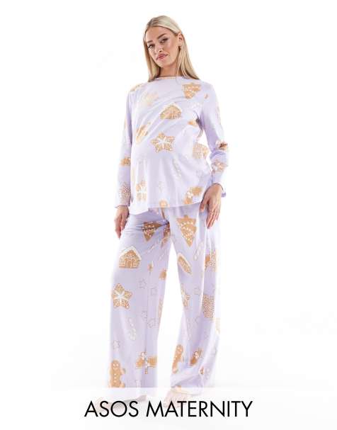 ASOS DESIGN Maternity – Lila, pepparkaksmönstrad pyjamas med långärmad topp och byxor - view 1