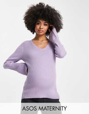 ASOS DESIGN Maternity – Liliowy prążkowany sweter z dekoltem w kształcie litery V