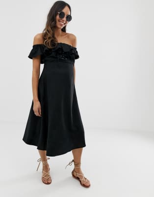 linen bardot midi dress