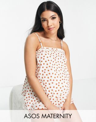 ASOS DESIGN Maternity linen floral cami & short with frill pyjama set in cream & red