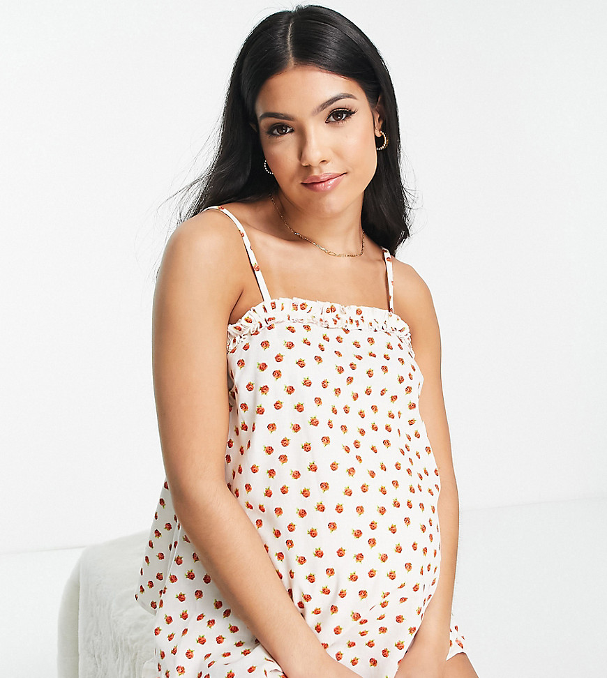 Asos Design Maternity Linen Floral Cami & Short With Frill Pyjama Set In Cream & Red-White