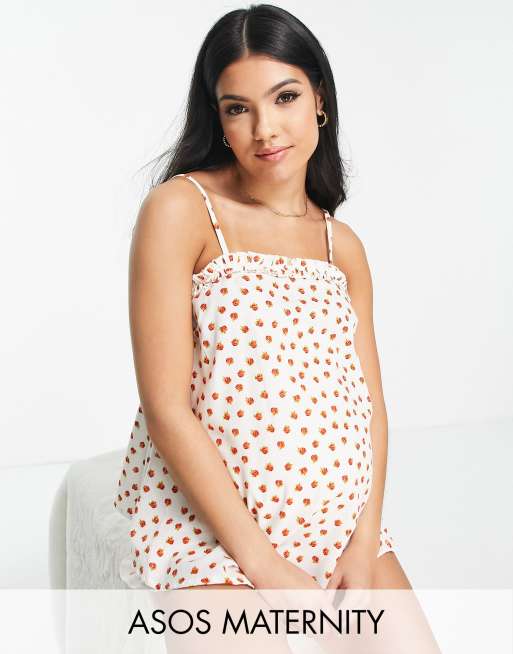 ASOS DESIGN Maternity linen floral cami & short with frill pyjama set in cream & red 