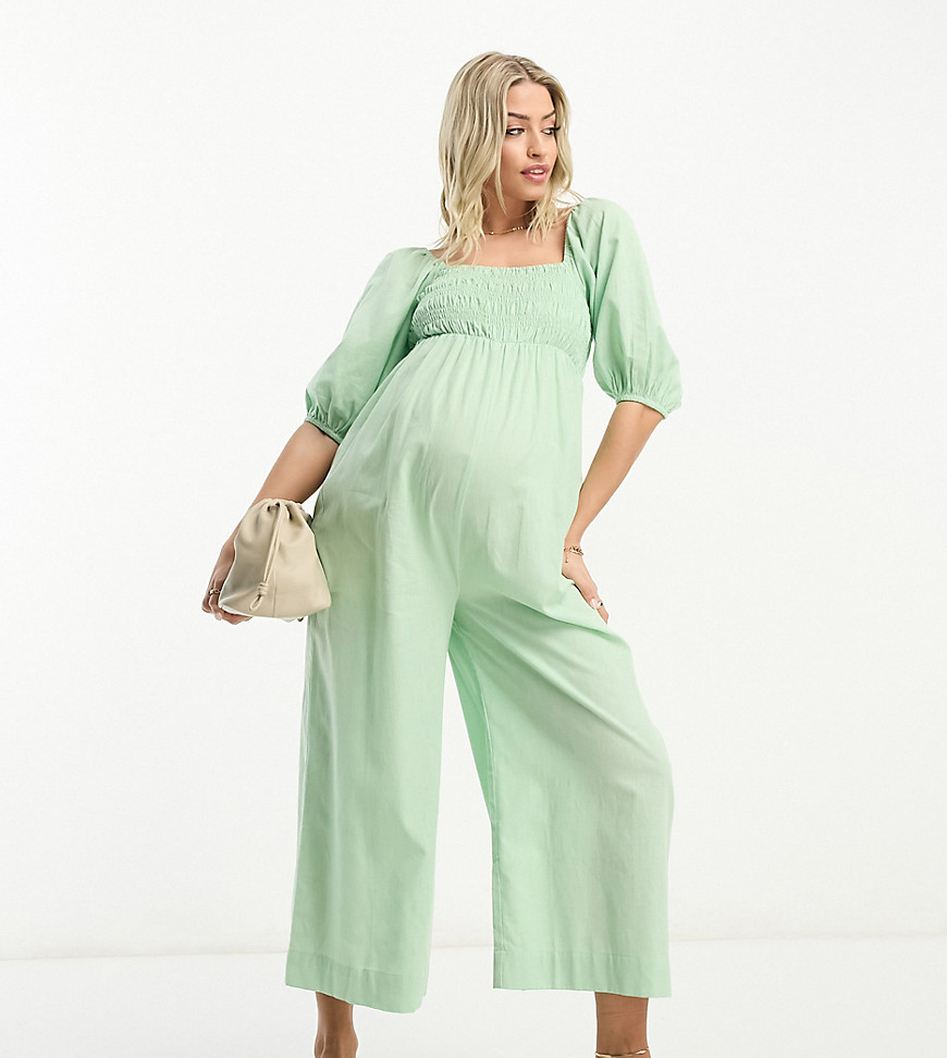 ASOS DESIGN Maternity linen look shirred puff sleeve jumpsuit in sage-Green