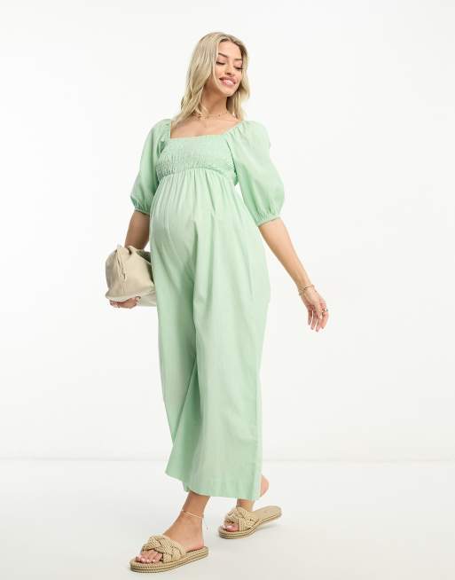 ASOS DESIGN Maternity linen look shirred puff sleeve jumpsuit in sage