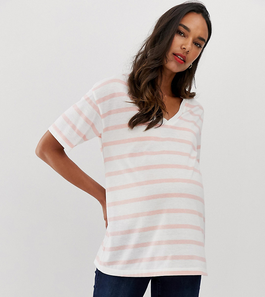 ASOS DESIGN Maternity linen mix mix t-shirt with v-neck in stripe-Multi