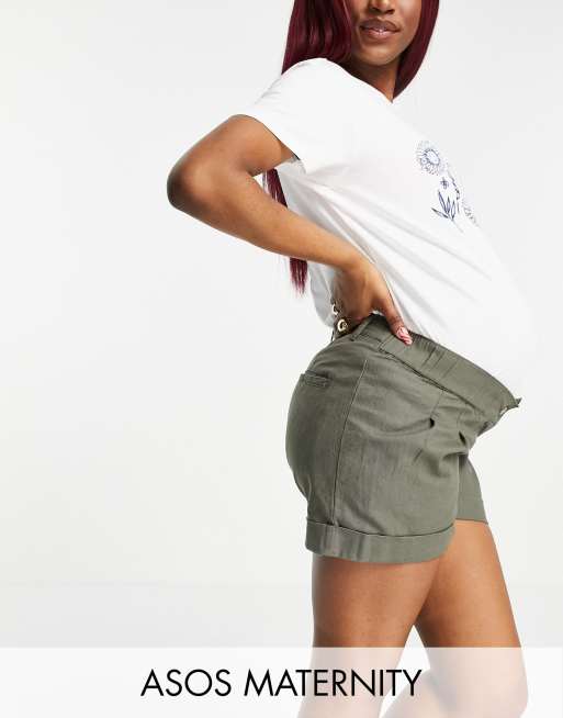 ASOS DESIGN Maternity - Linnen short met geplooide voorkant, wijde pijpen en onder de buik vallende band in kaki