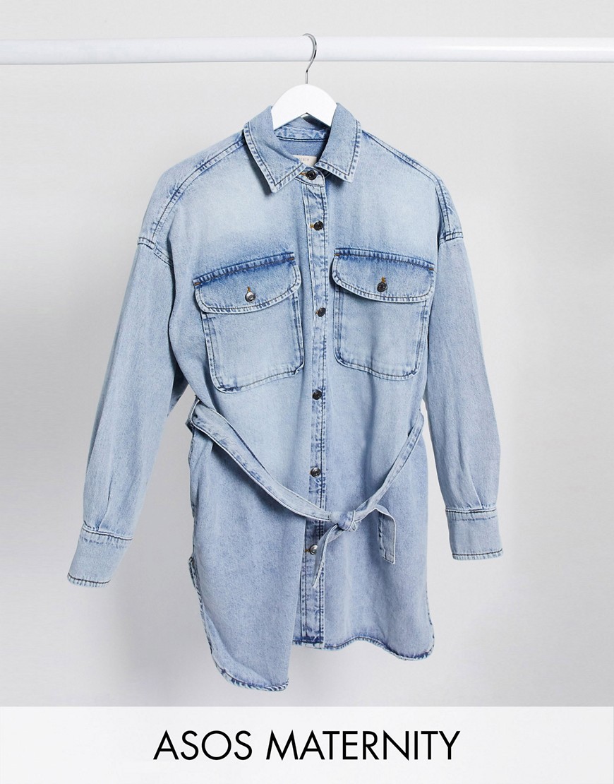 ASOS DESIGN Maternity – Ljusblå jeansskjorta i oversize-modell med skärp