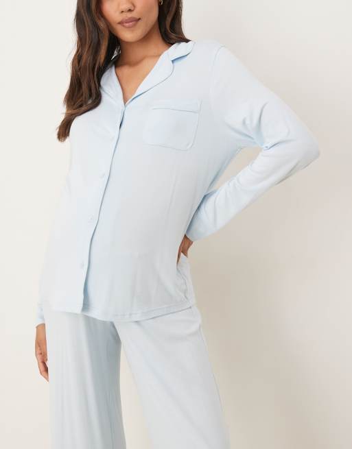 ASOS DESIGN Maternity – Ljusblå, supermjuk pyjamas med långärmad skjorta och byxor, 4 av 4