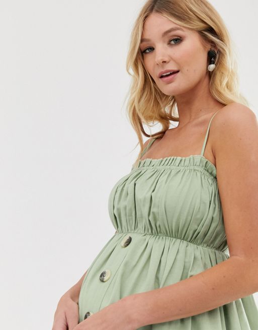 ASOS DESIGN Maternity – Lniana letnia sukienka midi na ramiączkach z  guzikami z przodu od pasa w dół, dla kobiet w ciąży | ASOS