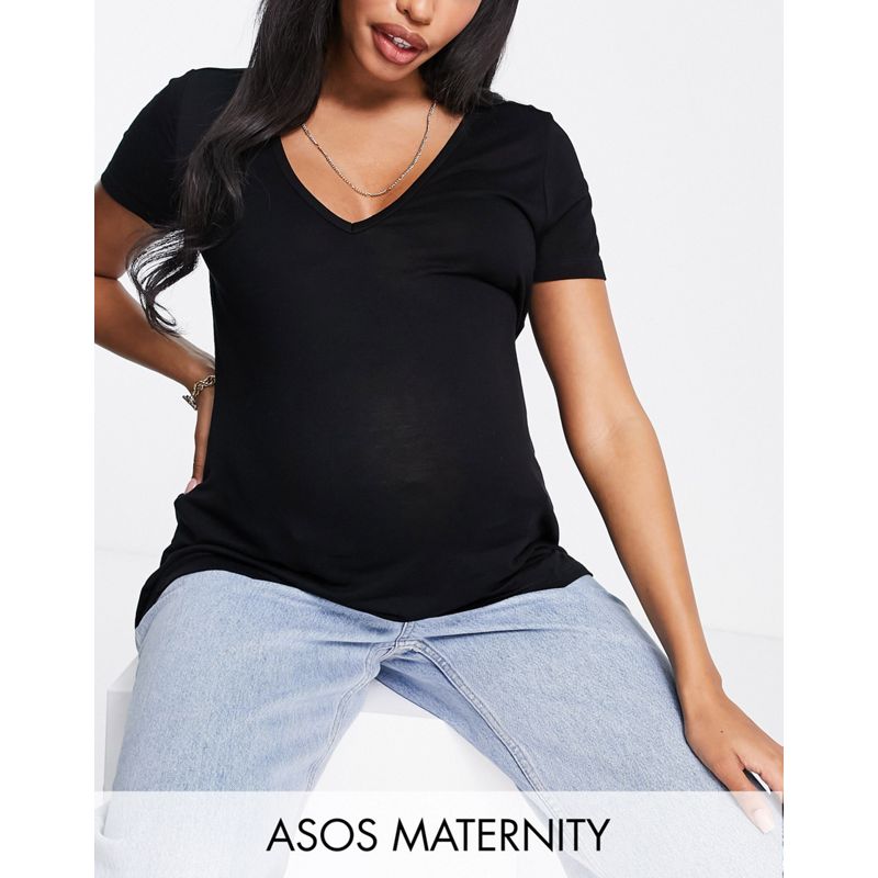 DESIGN Maternity – Locker geschnittenes T-Shirt in Schwarz mit V-Ausschnitt