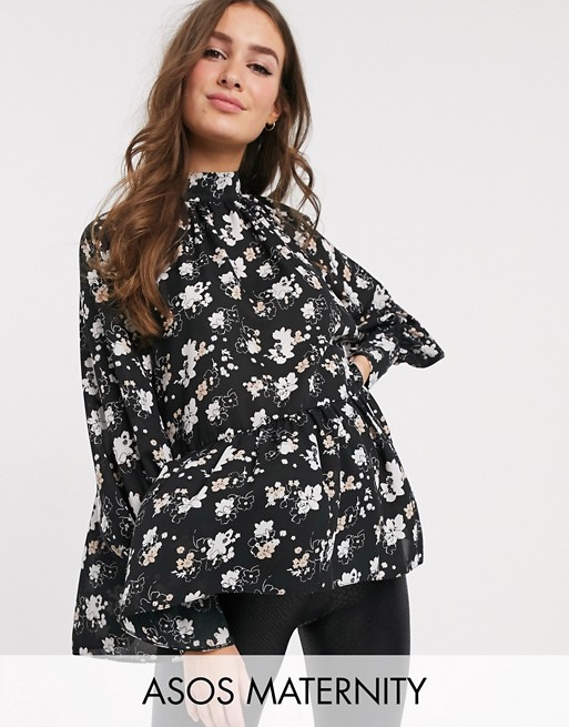 ASOS DESIGN Maternity long sleeve button front sheer top in floral print