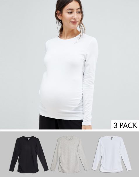 ASOS DESIGN Maternity long sleeve crew neck t-shirt with bump ruching 3 pack SAVE