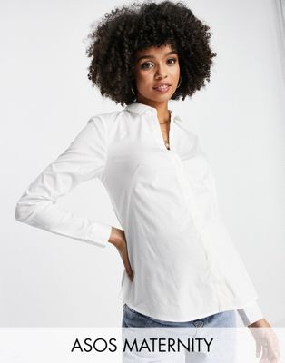 ASOS DESIGN Maternity long sleeve fitted shirt in stretch cotton in white - ASOS Price Checker