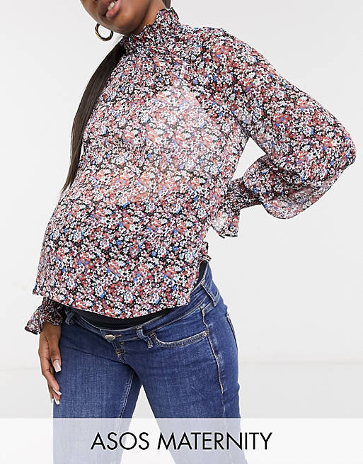 ASOS DESIGN Maternity long sleeve floral blouse with shirred neck and cuffs  | ASOS
