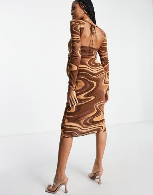 brown swirl print dress