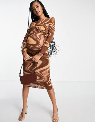 brown swirl print dress