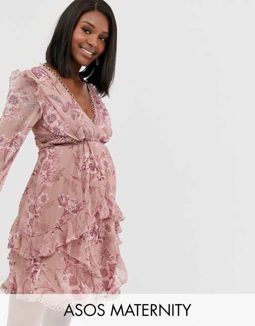 ASOS DESIGN Maternity long sleeve mini dress in floral print with cluster embellishment detail and circle trims