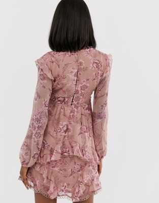 asos design long sleeve mini dress in floral print with cluster embellishment detail and circle trims