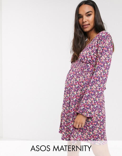 ASOS DESIGN Maternity long sleeve mini dress with shirred waist in berry ditsy print