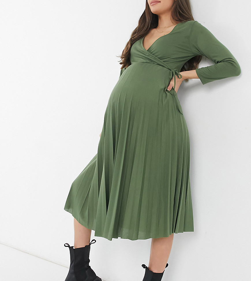 ASOS DESIGN Maternity long sleeve pleated midi wrap dress in khaki-Green