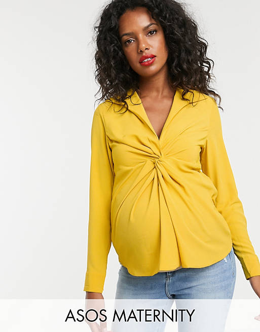 ASOS DESIGN Maternity long sleeve plunge shirt with knot front