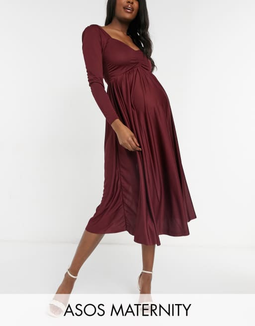 ASOS DESIGN Maternity long sleeve ruched bust midi dress in berry