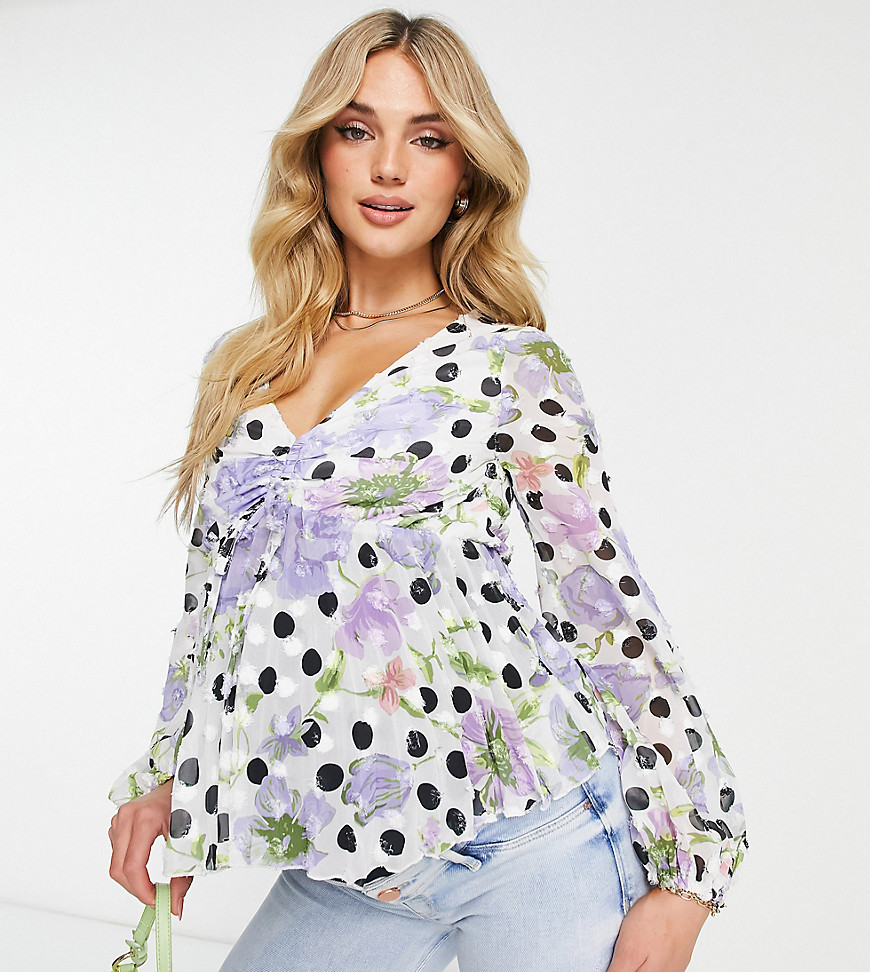 ASOS DESIGN Maternity long sleeve ruched front blouse with pleated peplum hem in floral spot-Multi