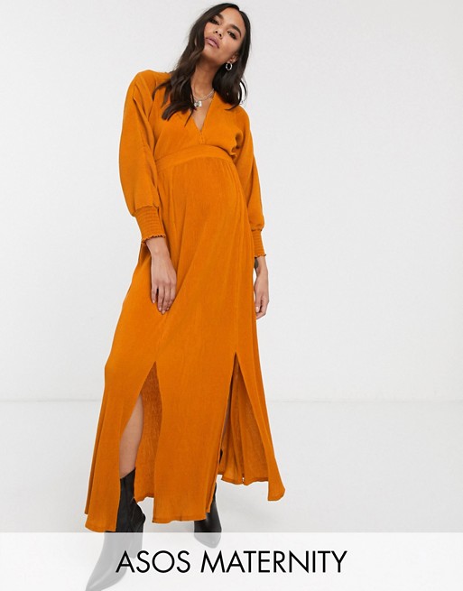 ASOS DESIGN Maternity long sleeve shirred waist maxi dress in rib in orange