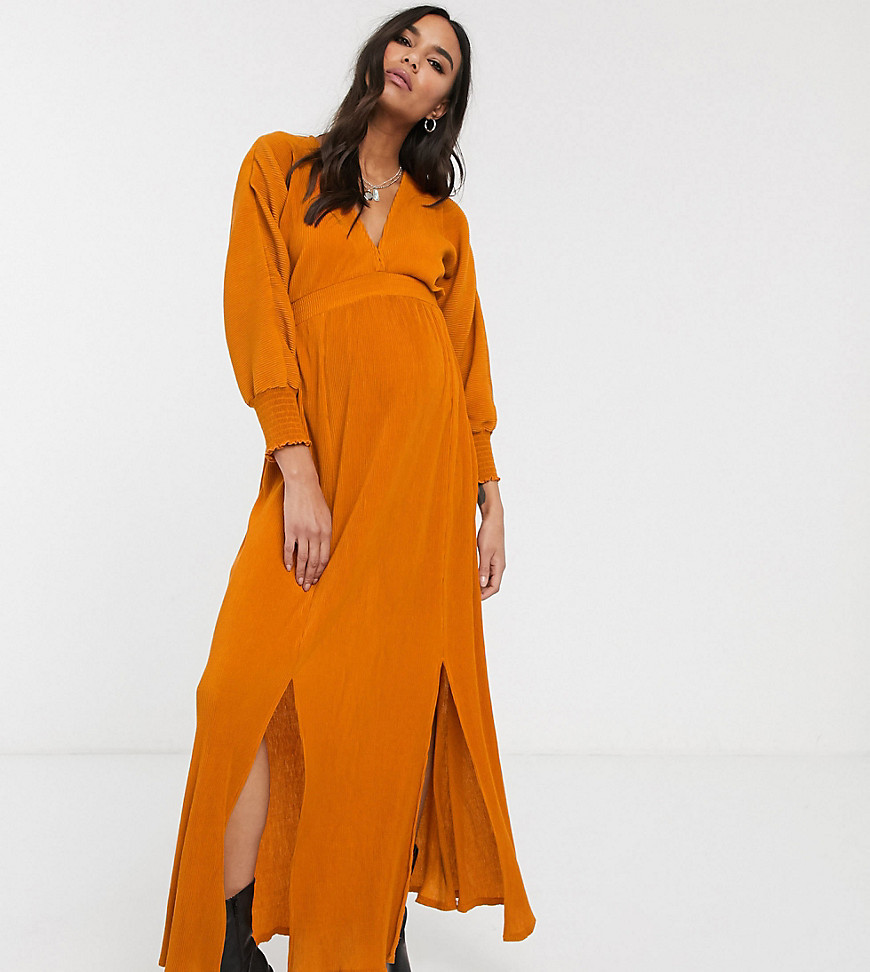 ASOS DESIGN Maternity long sleeve shirred waist maxi dress in rib in orange-Multi