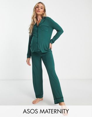 ASOS DESIGN Maternity long sleeve shirt & trouser pyjama set with contrast piping in green