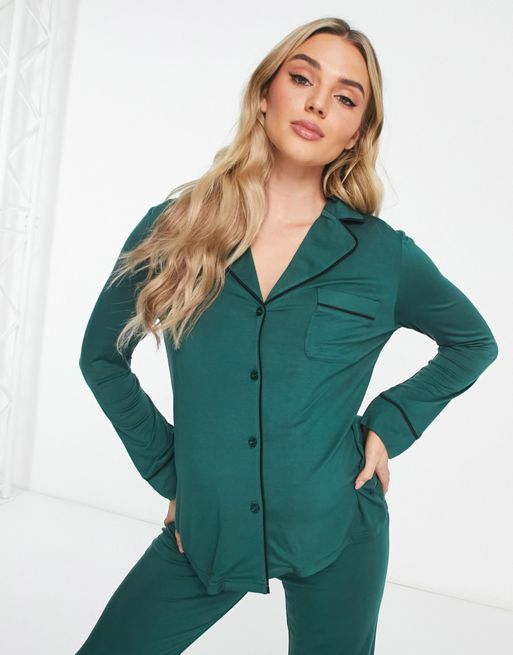 ASOS DESIGN Maternity viscose long sleeve shirt & pants pajama set with  contrast piping in green