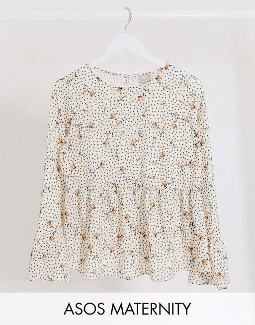 ASOS DESIGN Maternity long sleeve smock top in floral and spot print