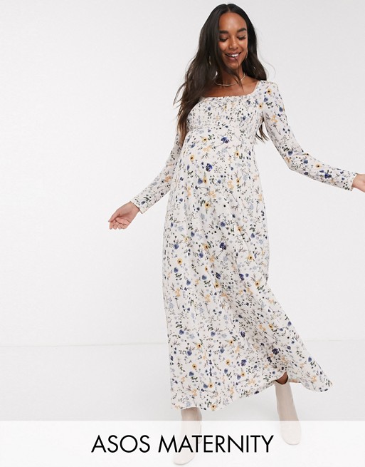 ASOS DESIGN Maternity long sleeve square neck shirred maxi dress in floral print