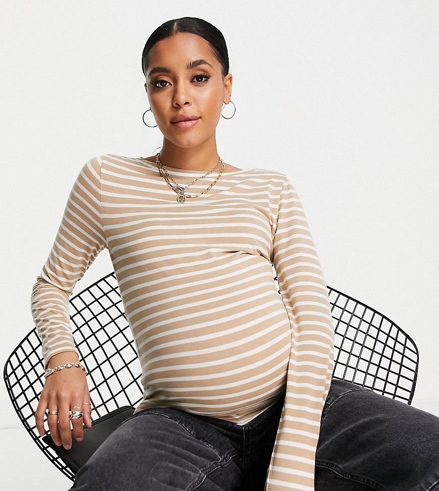 ASOS DESIGN Maternity long sleeve striped t-shirt in stone-Neutral
