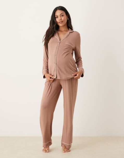 ASOS DESIGN Maternity long sleeve super soft pyjama set in brown - view 1