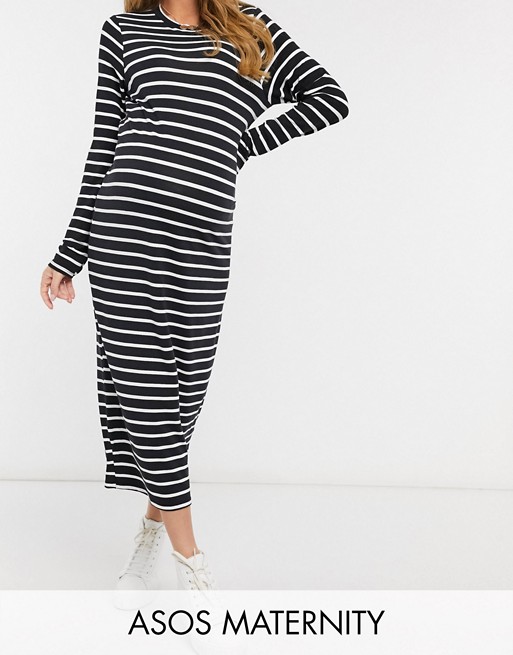 ASOS DESIGN Maternity long sleeve t-shirt midi dress in black and white stripe