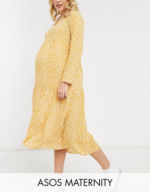 ASOS DESIGN Maternity long sleeve tiered smock midi dress in mustard floral